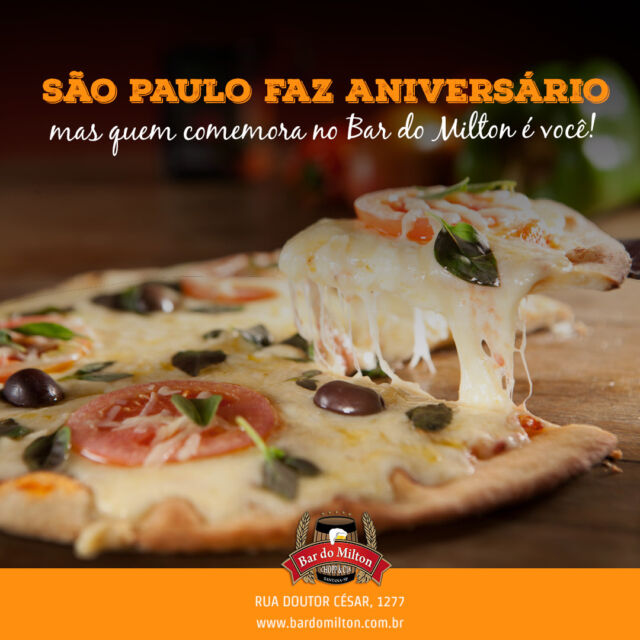 Hoje é o aniversário da cidade que sabe apreciar uma bela e tradicional pizza. E é claro que somos a melhor escolha para celebrar os 470 anos de São Paulo!

Venha comemorar conosco e saborear as melhores pizzas da cidade, assadas em forno à lenha. É aqui, entre amigos e boa comida, que a história de São Paulo ganha mais um capítulo especial. 

Feliz aniversário, SP! 

#BarDoMilton #bar #sp #saopaulo #zonanorte