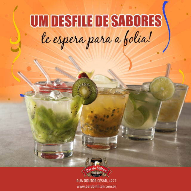 Prepara o confete, a serpentina e o paladar, porque no Bar do Milton a festa é completa!

Escolha seu sabor favorito: kiwi, maracujá, morango e limão, chama os amigos e vem celebrar a folia com um brinde!

📞 (11) 2099-4000
📱 (11) 99506-4120
📍 R. Doutor César, 1277 – Santana

#Bardomilton #Bar #Zonanorte #Santana #ZN #caipirinha #bebida #Carnaval