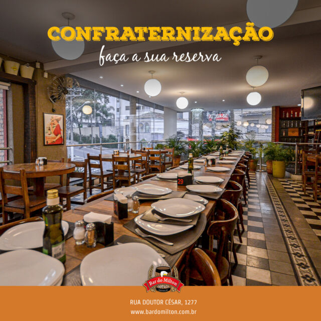 Está pensando na confraternização de fim de ano? O Bar do Milton é o lugar certo para reunir a galera, celebrar as conquistas e fechar o ano com chave de ouro! 🍻🎊 

Com nosso ambiente descontraído e aquela hospitalidade que você já conhece, sua festa vai ser inesquecível.

Chame os amigos, colegas de trabalho ou a família e garanta momentos de muita alegria aqui no coração de Santana!

📞 (11) 2099-4000 
📱 (11) 99506-4120
📍 R. Doutor César, 1277 – Santana

#BarDoMilton #confraternizacao #fimdeano